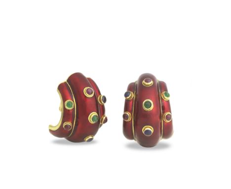 DAVID WEBB: RED ENAMEL AND GEM-SET EARCLIPSEach of fluted design, decorated with red enamel and cabochon emeralds, rubies and