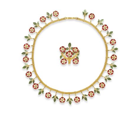 ROBERT PHILLIPS: REVIVALIST GOLD AND ENAMEL NECKLACE AND BROOCH SUITE, CIRCA 1870The necklace designed as a fringe of Tudor R