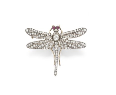 DIAMOND AND RUBY DRAGONFLY BROOCH, CIRCA 1890Of naturalistic form, the wings set with old brilliant-cut diamonds, the abdomen