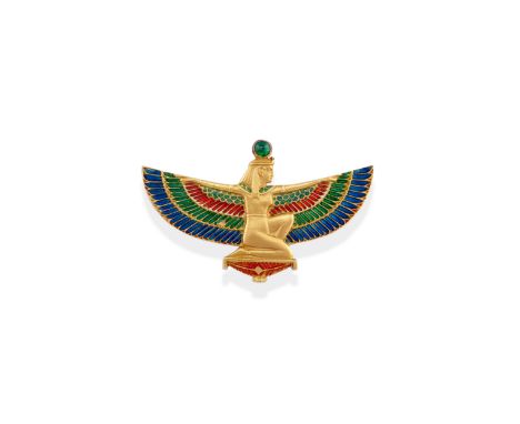 WIÈSE: EGYPTIAN REVIVAL ENAMEL BROOCH, CIRCA 1890The Egyptian goddess Isis with outstretched wings, decorated with polychrome