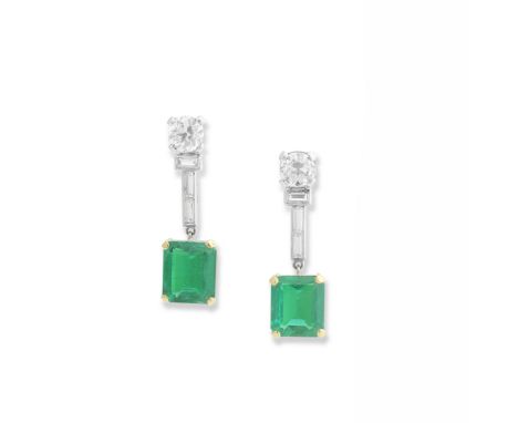 EMERALD AND DIAMOND PENDENT EARRINGSEach step-cut emerald suspended from a baguette and old brilliant-cut diamond surmount, e