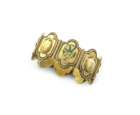 ARCHEOLOGICAL REVIVAL ENAMEL BRACELET, CIRCA 1875Each panel alternating with scarab and lotus flower motifs, the lotus flower