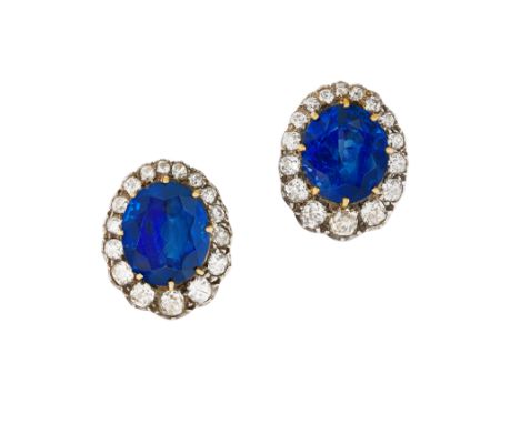 SAPPHIRE AND DIAMOND EARCLIPS, LATE 19TH CENTURY AND LATEREach oval-cut sapphire weighing 13.20 or 11.53 carats, set within a