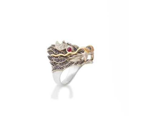 JOHN HARDY: GEM-SET DRAGON RINGModelled as the head of a dragon, set with black brilliant-cut diamonds, white brilliant-cut d