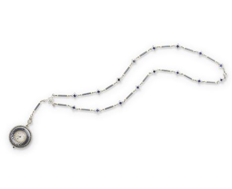 MARCUS &amp; CO.: ENAMEL, SAPPHIRE AND DIAMOND WATCH PENDANT/NECKLACE, CIRCA 1910-15The circular dial with Arabic chapters, t