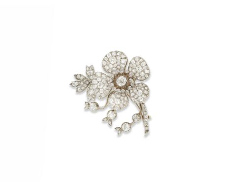 DIAMOND FLOWER BROOCH, MID 19TH CENTURYSet throughout with cushion-shaped diamonds, accented by old single and rose-cut diamo