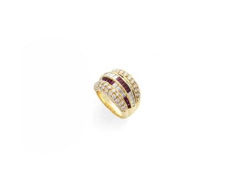 TIFFANY: RUBY AND DIAMOND DRESS RINGThe rows of interspersed calibré-cut rubies and step-cut diamonds, between brilliant-cut 
