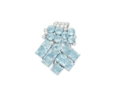 CARTIER: AQUAMARINE AND DIAMOND CLIP, CIRCA 1940Of asymmetrical design, set with circular and square step-cut aquamarines, ac