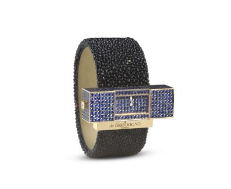 DE GRISOGONO: SAPPHIRE 'LIPSTICK' CUFF WATCHThe detachable rectangular cuboid case, pavé-set on five sides with circular-cut 