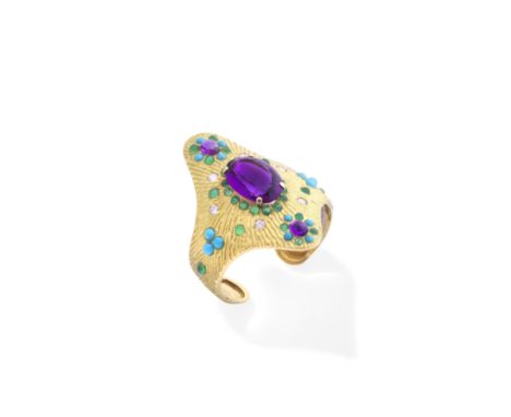 BOUCHERON: AMETHYST, DIAMOND AND GEM-SET CUFF, CIRCA 1970Of textured finish, centering a large oval-cut amethyst, accented by