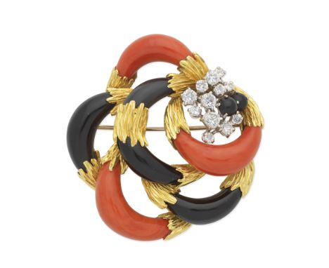 KUTCHINSKY: ONYX, CORAL AND DIAMOND BROOCH, 1973Designed as six interlocking onyx and coral corallium rubrum hoops with textu