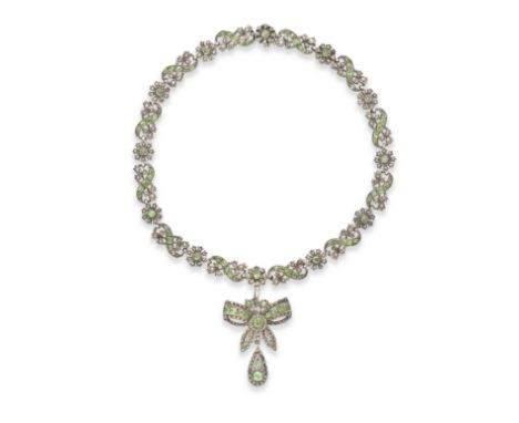 DEMANTOID GARNET AND MARCASITE PENDANT NECKLACE, FINAL QUARTER OF THE 18TH CENTURYOf scroll, floral and foliate linking, susp