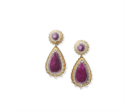 BUCCELLATI: RUBY AND DIAMOND PENDENT EARRINGS, CIRCA 1965Each cabochon ruby drop, within a single-cut diamond surround, suspe