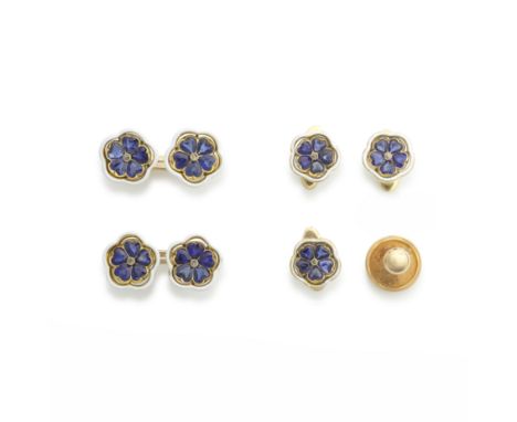 SAPPHIRE, DIAMOND AND ENAMEL FLORAL DRESS-SET, FRENCH, CIRCA 1930Each cufflink and three dress studs set with heart-shaped sa