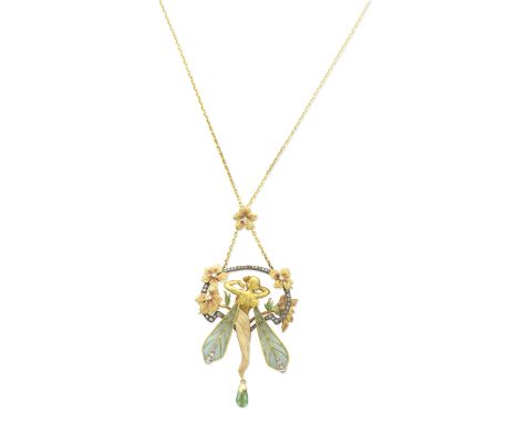 MASRIERA Y CARRERAS: ART NOUVEAU DIAMOND AND ENAMEL PENDANT,  CIRCA 1900Designed as a winged nymph, the green plique-à-jour e