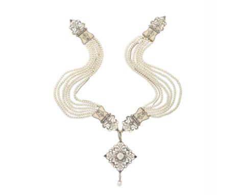 CARLO &amp; ARTHUR GIULIANO: DIAMOND, PEARL AND ENAMEL NECKLACE, CIRCA 1900The delicate openwork pendant centering a cushion-