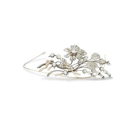 DIAMOND AND PEARL HAIR ORNAMENT, SECOND HALF OF THE 19TH CENTURYThe foliate and floral spray, set with cushion-shaped, old br