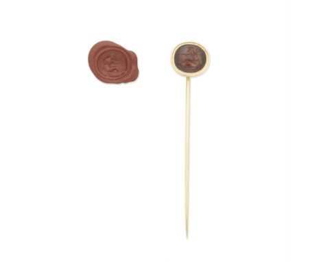 TIFFANY: ANCIENT GARNET INTAGLIO STICK PIN, CIRCA 1890The ancient Roman domed garnet intaglio, circa 1st-2nd century AD, carv