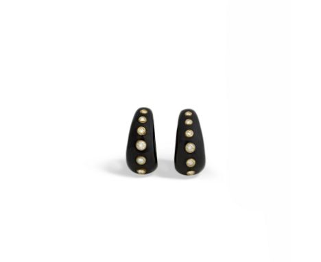 CHRISTIAN DIOR: ENAMEL AND DIAMOND EARCLIPSEach tapering black enamel hoop highlighted by a line of graduating round brillian