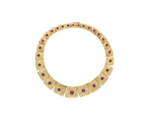 BUCCELLATI: RUBY AND DIAMOND NECKLACE, CIRCA 1960Each square plaque graduating in size towards the centre, set with a ruby ca