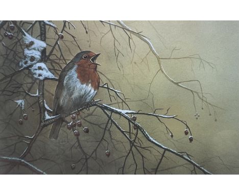 Robert E Fuller (British 1972-): 'Robin on Hawthorn', limited edition colour print signed and numbered 154/2000 in pencil 18c