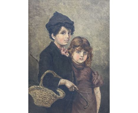 English School (19th century): Portrait of two Young Children, oil on canvas indistinctly signed 35cm x 25cm