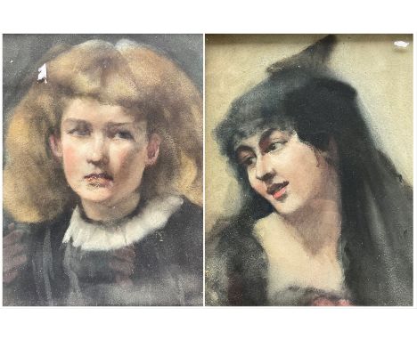 K M Smith (British 19th century): Portrait of Young Girl, near pair watercolours signed verso max 28cm x 23cm (2)