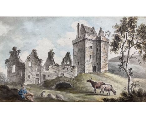 William Beilby (British 1740-1819): Figures by Castle, watercolour unsigned, labelled verso 10cm x 18cm