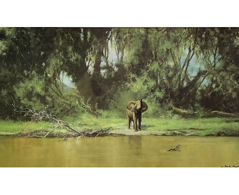 David Shepherd (British 1931-2017): Elephant, colour print signed and inscribed verso 18cm x 30cm