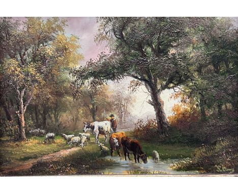 S Drury (British 20th century): Herding Cattle, oil on panel signed 12cm x 17cm