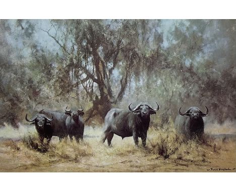 David Shepherd (British 1931-2017): Water Buffalos, colour print signed and inscribed verso 17cm x 25cm