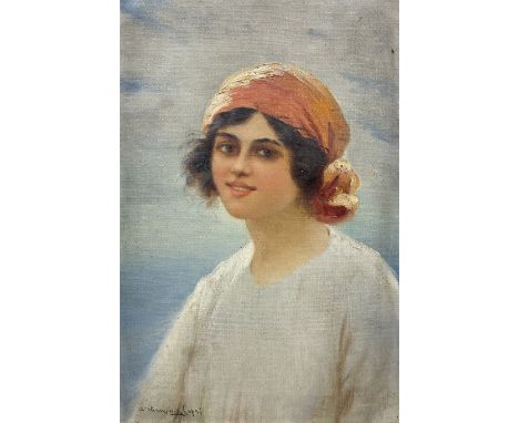 Circle of Filippo Marantonio (Italian 1863-1937) Portrait of a Traveller Girl with Red Head Scarf, oil on canvas indistinctly