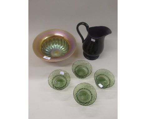 WMF Myra green and gold iridescent glass bowl, mid Victorian large amethyst glass jug and a set of four Powell green glass fi