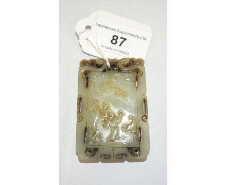 Rectangular carved pale jade pendant, decorated with a group of figures to one side and panels of script to the other, 6cm x 