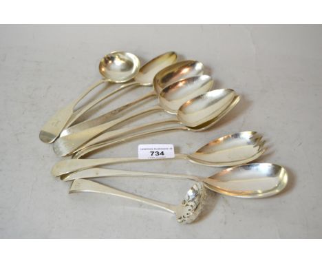 Group of five silver Old English pattern tablespoons, Fiddle pattern sauce ladle, sugar sifter spoon and a pair of salad serv