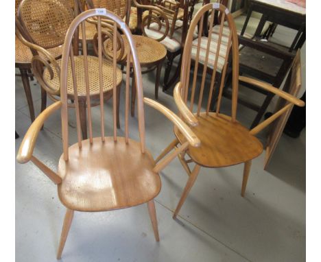 Pair of Ercol open stickback armchairs with stamp dated 1960 