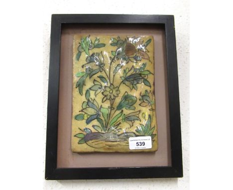 Iznik rectangular floral decorated pottery wall tile, 21 x15cm, house in an ebonised frame 
