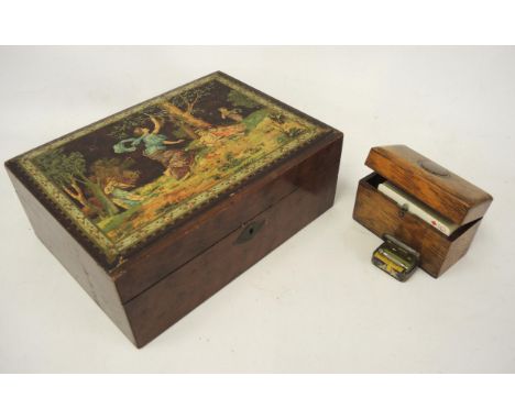 Pine workbox decorated with figures, miniature ladies safety razor, a carved box and an oak fire screen 