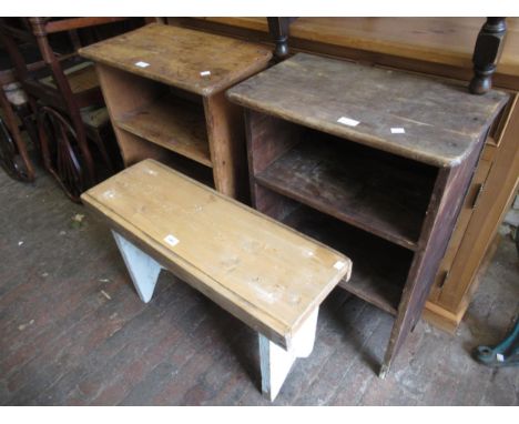 Pine milking type stool and two open stained pine shelf units (at fault) 