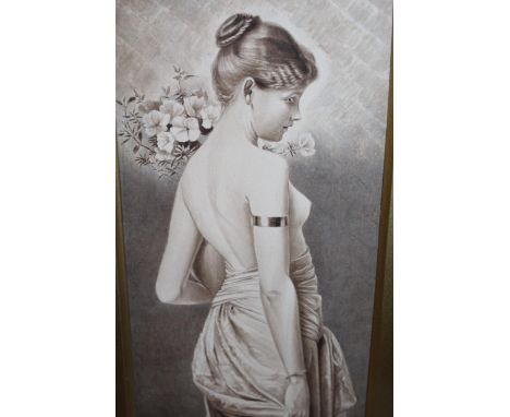 Early 20th Century watercolour, portrait of a maiden carrying a vase of flowers, monogrammed, 30 x 15cm 