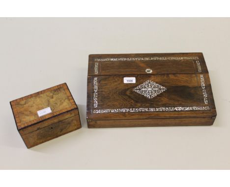 19th Century rosewood and mother of pearl inlaid writing slope, 40cm wide together with a small walnut and crossbanded two di