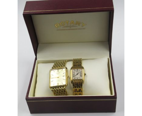 Gentleman's Rotary gold plated wristwatch with rectangular champagne dial and baton numerals, together with a similar ladies 