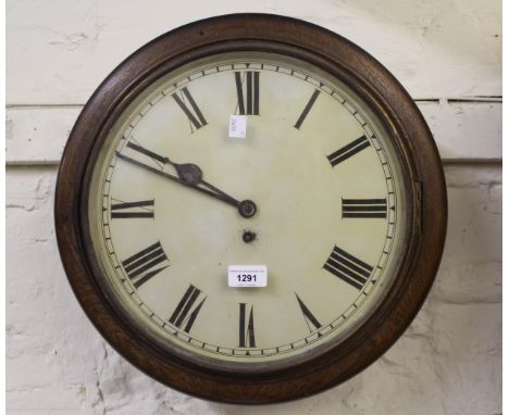 20th Century oak wall clock, the circular painted dial with Roman numerals and single train fusee movement, 40cm diameter 