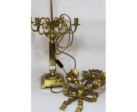 20th Century brass four branch lamp base with reeded column and square stepped base, together with a gilt wooden and ghesso t