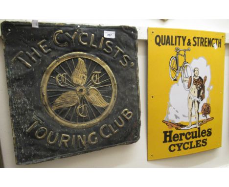 Vintage cycling related metal sign, ' The Cyclists Touring Club ', 41cm square and another,  ' Hercules Cycles, Quality and S