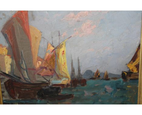 Double sided oil on panel, fishing boats at a port and portrait of an Eastern gentleman verso (signed O. Klein), 22 x 27cm 