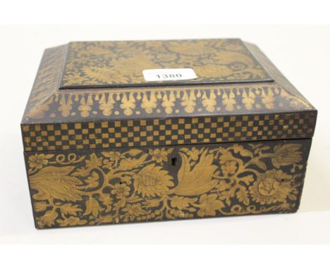 Small Regency pen work decorated box having hinged cover with all-over floral decoration and a pair of small brass postal sca