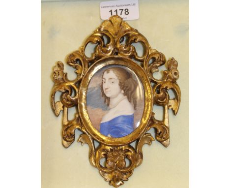 17th Century oval miniature watercolour portrait on vellum, portrait of a lady, 68 x 55mm, housed in a pierced giltwood frame