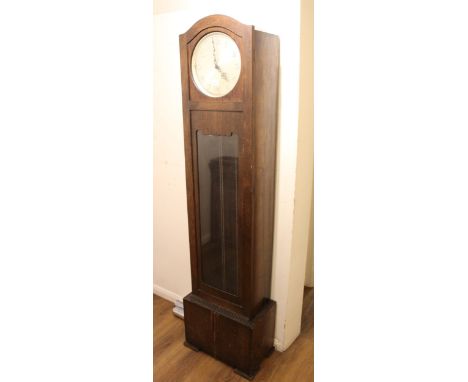 20th Century oak longcase clock, having circular silvered dial with Arabic numerals, with three weights and pendulum, 191cms 