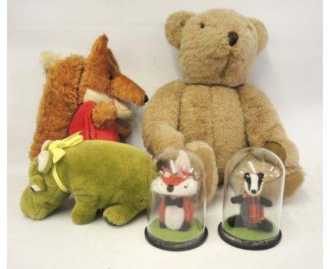 Wendy Boston soft toy, Basil Brush, a Merrythought musical bear and two other animals under glass domes 